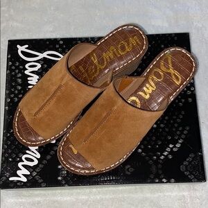 SAM EDELMAN RANGER BROWN CAMEL SUEDE  COVERING CORK WEDGE PLATFORM SLIDES SANDAL